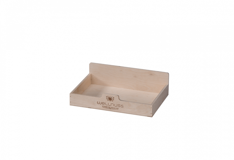 counter display made of birch, nailed with fire print decoration