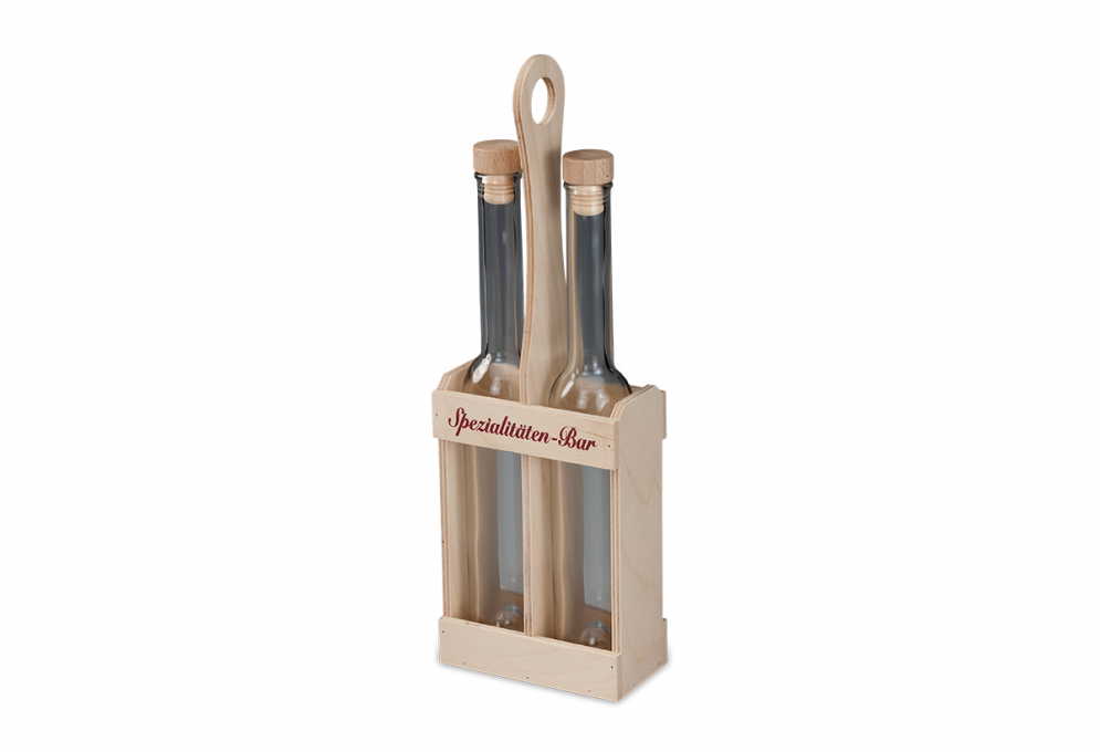 Birch wood bottle carrier for two liquor bottles