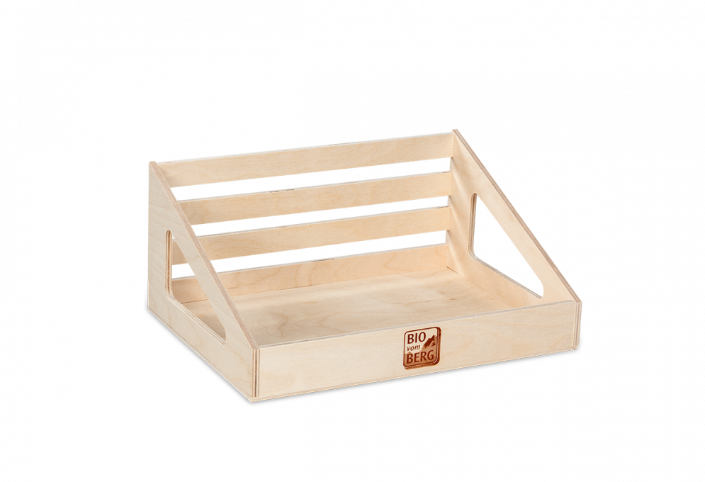 Counter display with fire print made of birch plywood