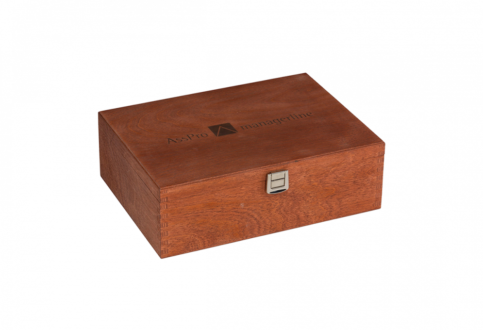 hinged lid box stained with brand print with metal closure