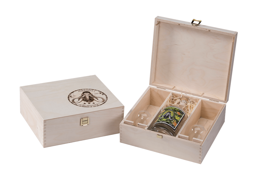 Geschenkverpackung für Edelbrände mit Branddruck und Trennelementen von Scheffaue-Holzwaren