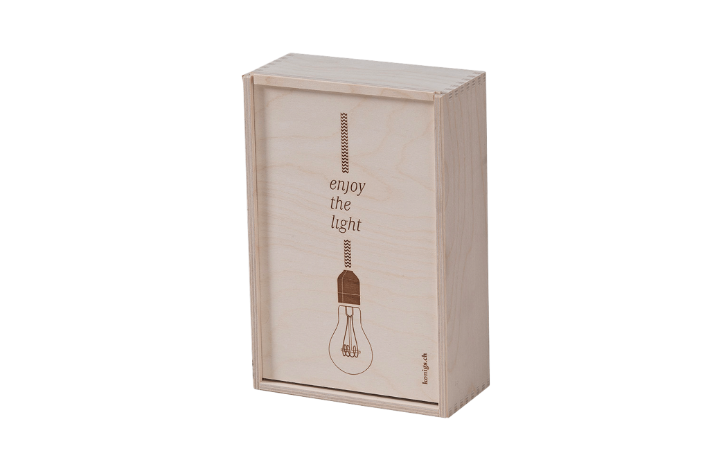 Schiebedeckel Holzkiste mit Branddruck und Ausziehleiste von Scheffauer-Holzwaren