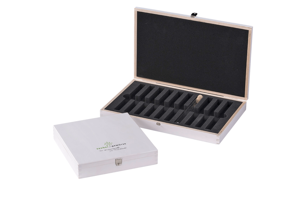 White lacquered spice box with hinged lid and a foam insert incil. a screen print