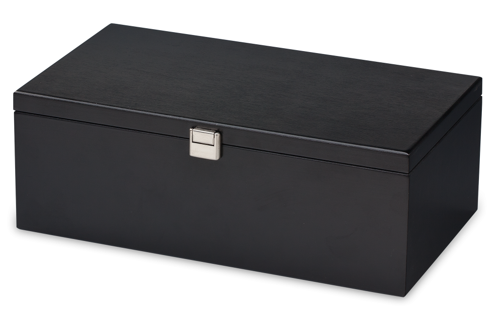 schwarzes Schmucketui mit Seitenteilen aus massiver Buche