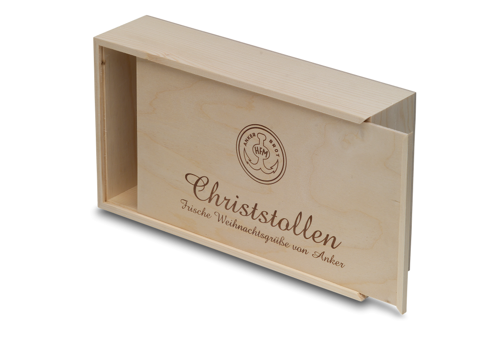 Christstollen aus Fichten und Birkensperrholz mit Branddruck