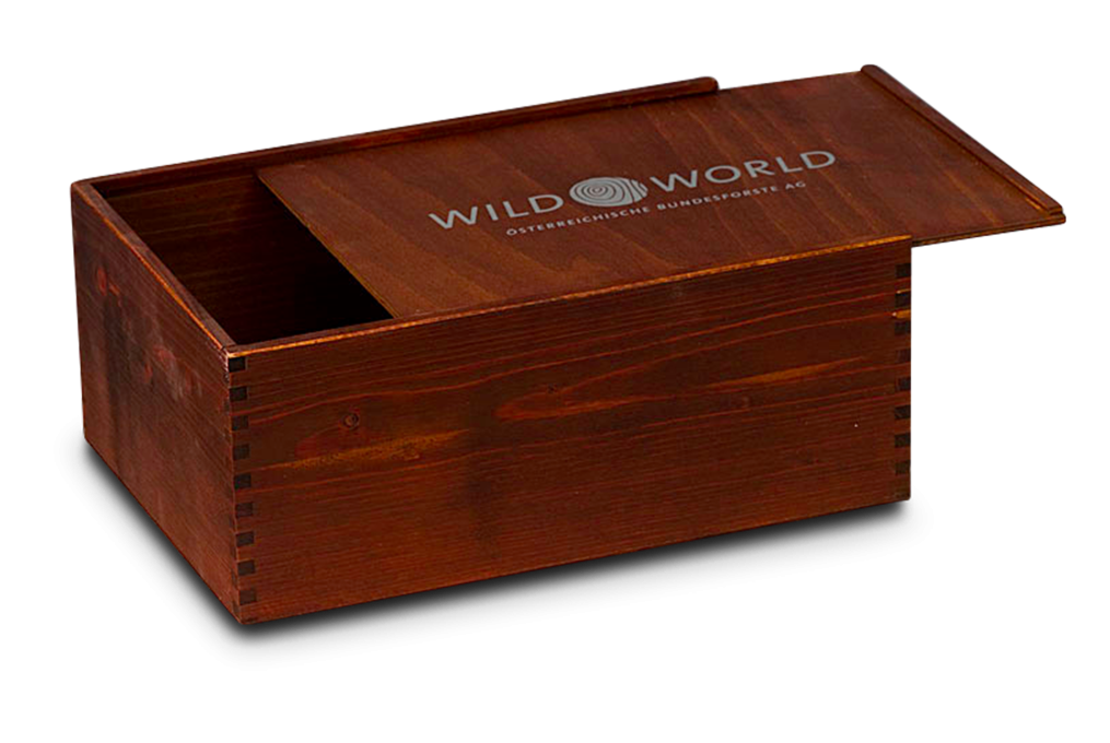 gebeizte Geschenkkiste mit Siebdruck aus Fichte