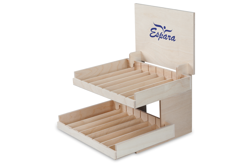 Verkaufsdisplay 2-etagig aus Birkensperrholz mit Siebdruck