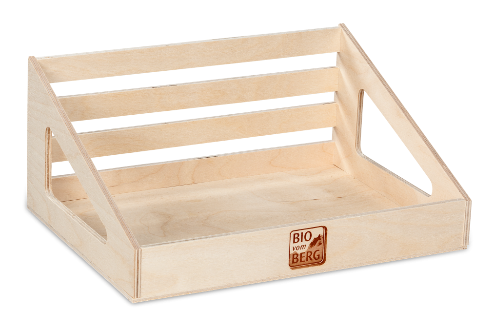 Verkaufdisplay in Lattenoptik aus Birkensperrholz mit Branddruck