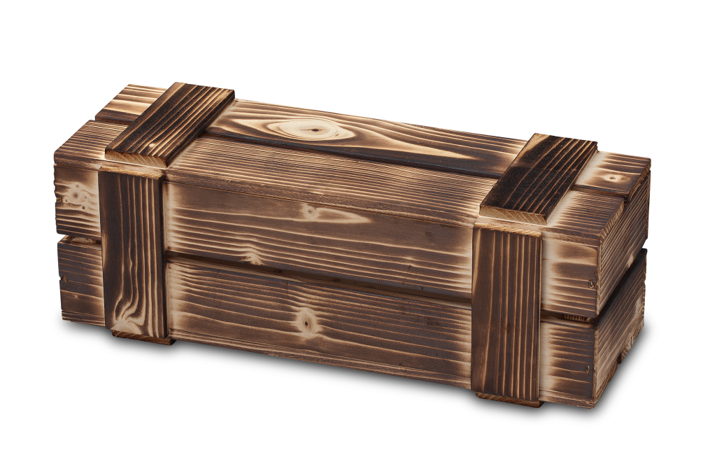 Flaschenkiste aus Fichte beflammt mit Zierleisten