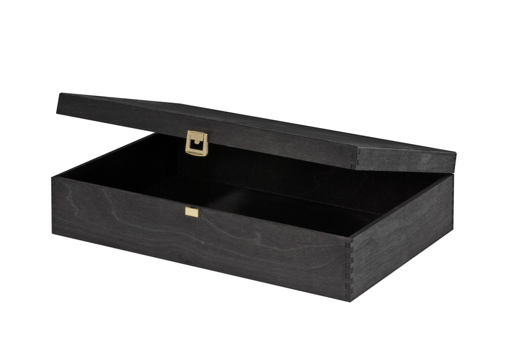 schwarze, edle Holzkiste mit Klappdeckel con Scheffauer Holzwaren