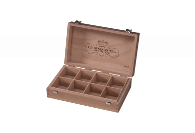 Tea box made of beech, outside lacquered with lid stop and inlaid grid