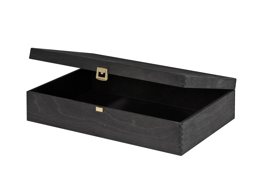 schwarze, edle Holzkiste mit Klappdeckel con Scheffauer Holzwaren